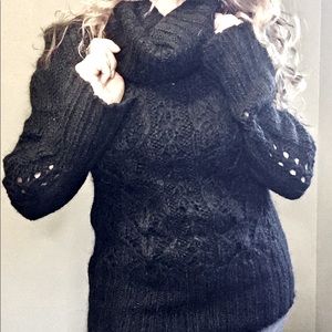 bebe Black Cable Knit Cowl Neck Sweater with Bell Sleeves